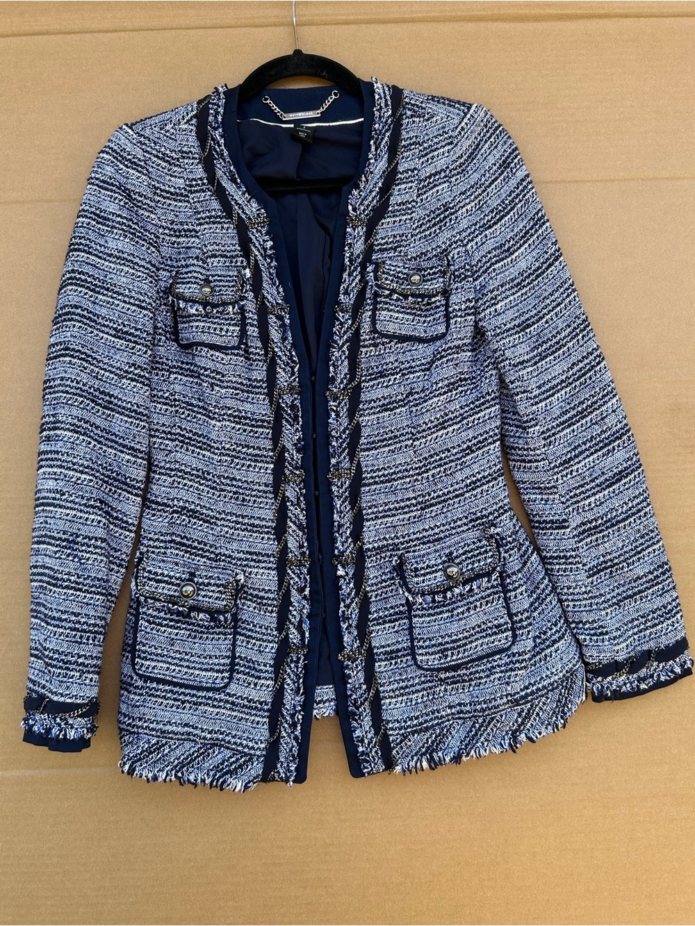 White House Black Market Tweed Blazer Fringe 2 Blue Cotton Hook Close Metallic